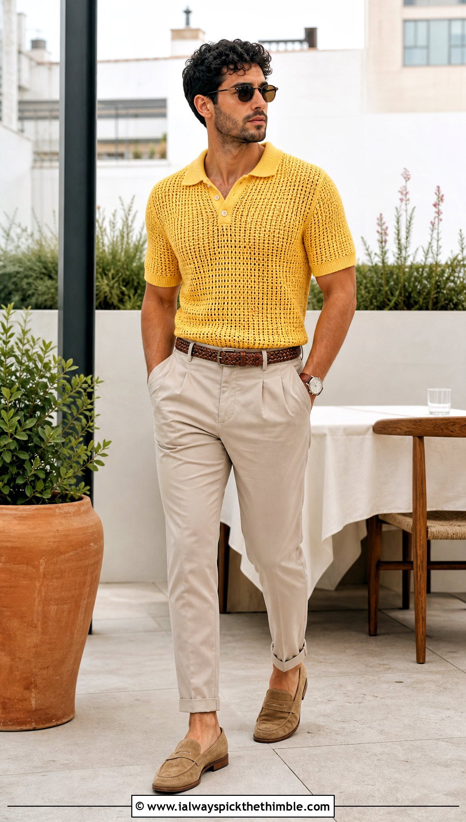 Crochet Polo Sweater With Pleated Chinos - 25 crochet mens sweater outfit ideas