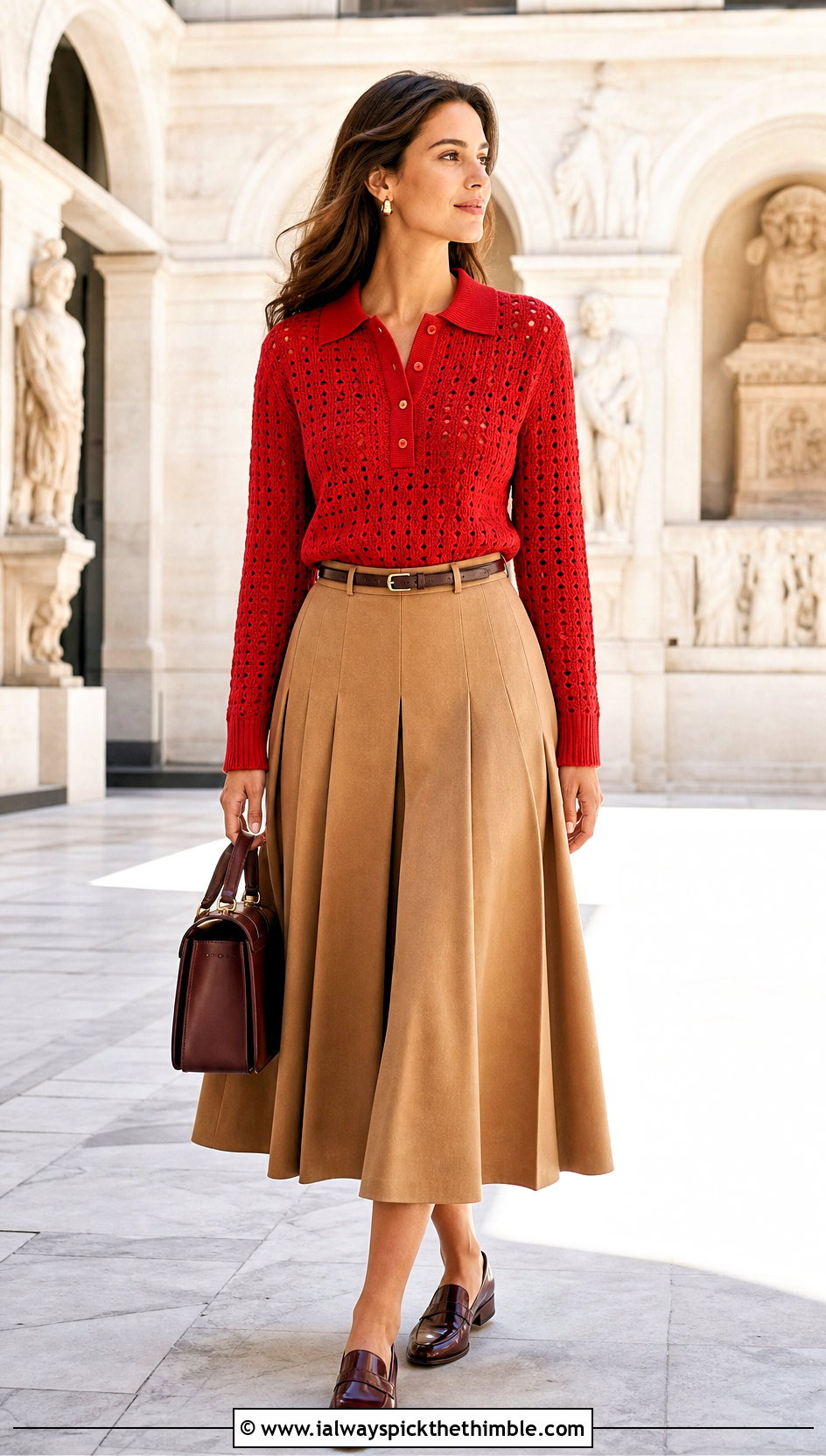 Crochet Polo Sweater With Pleated Midi Skirt - 20 Comfy Crochet Sweater outfit ideas