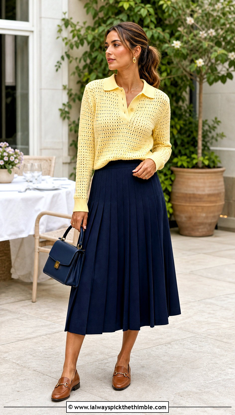 Crochet Polo Sweater With Pleated Midi Skirt - 15 Crochet For Ladies Sweaters outfit ideas