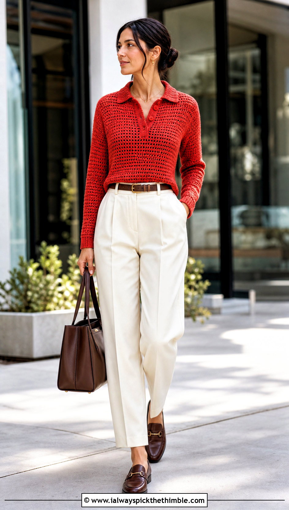 Crochet Polo Sweater With Pleated Trousers - 20 spring crochet sweater outfit ideas