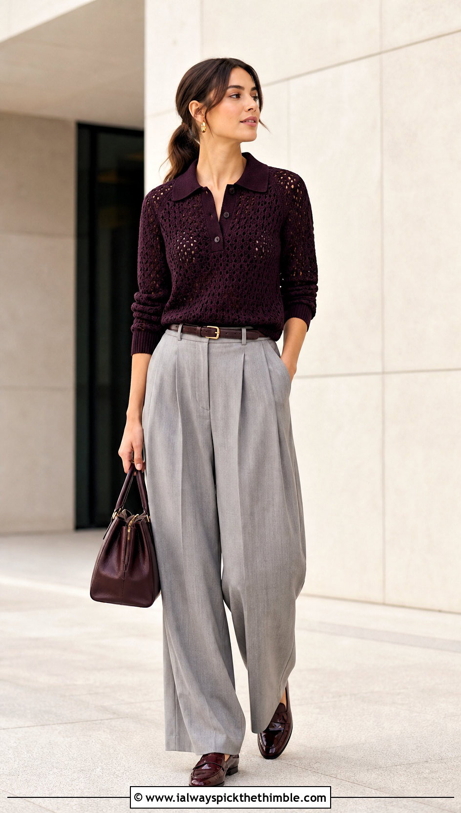 Crochet Polo Sweater With Pleated Trousers - 25 cute crochet sweaters outfit ideas