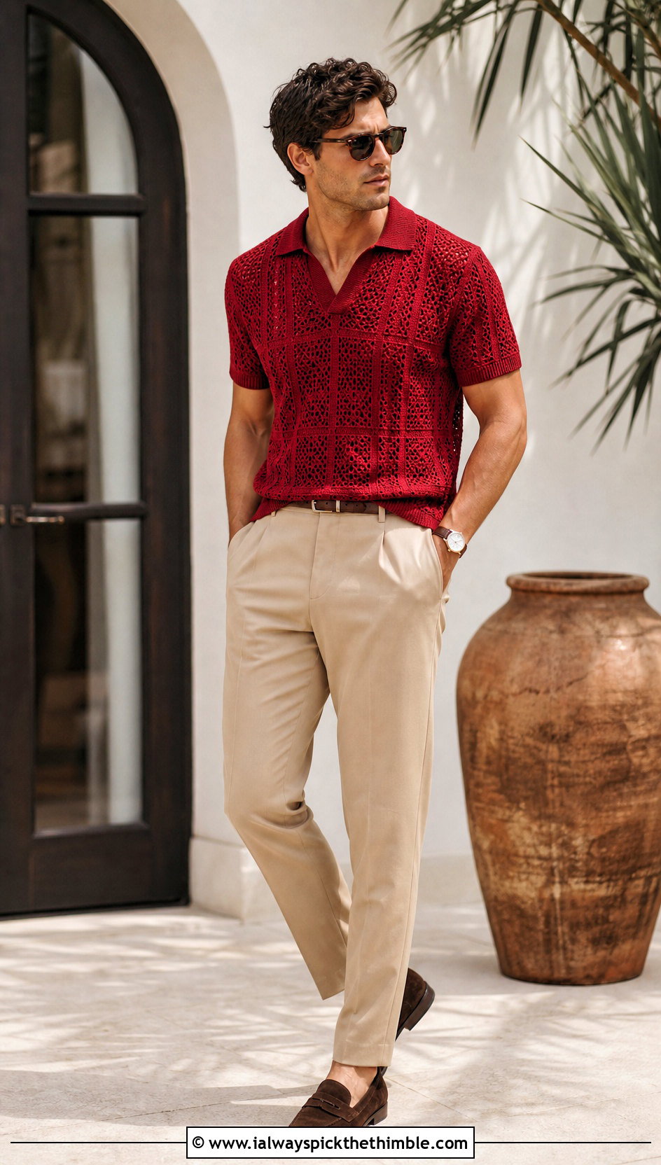 Crochet Polo Sweater With Tailored Chinos - 15 Crochet Mens Sweaters outfit ideas