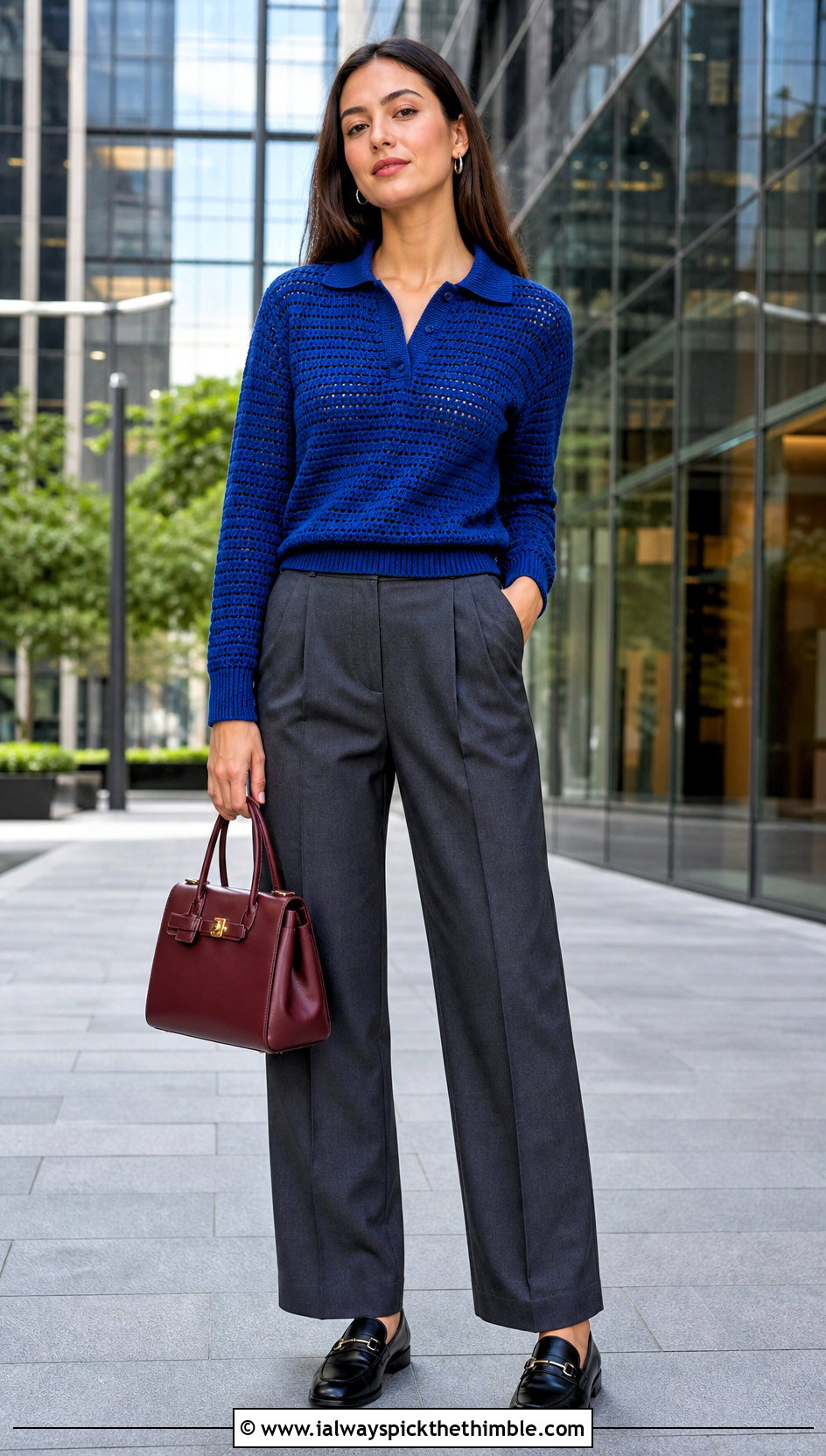 Crochet Polo Sweater With Tailored Trousers - 25 Crochet Knit Sweater outfit ideas