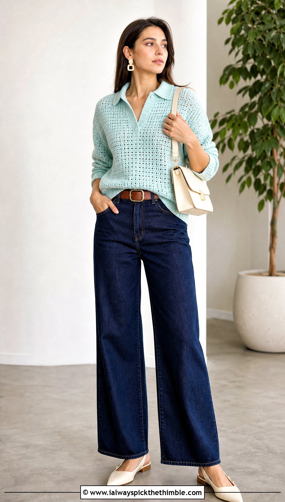 Crochet Polo Sweater With Wide Leg Jeans - 15 Soft Crochet Sweater outfit ideas