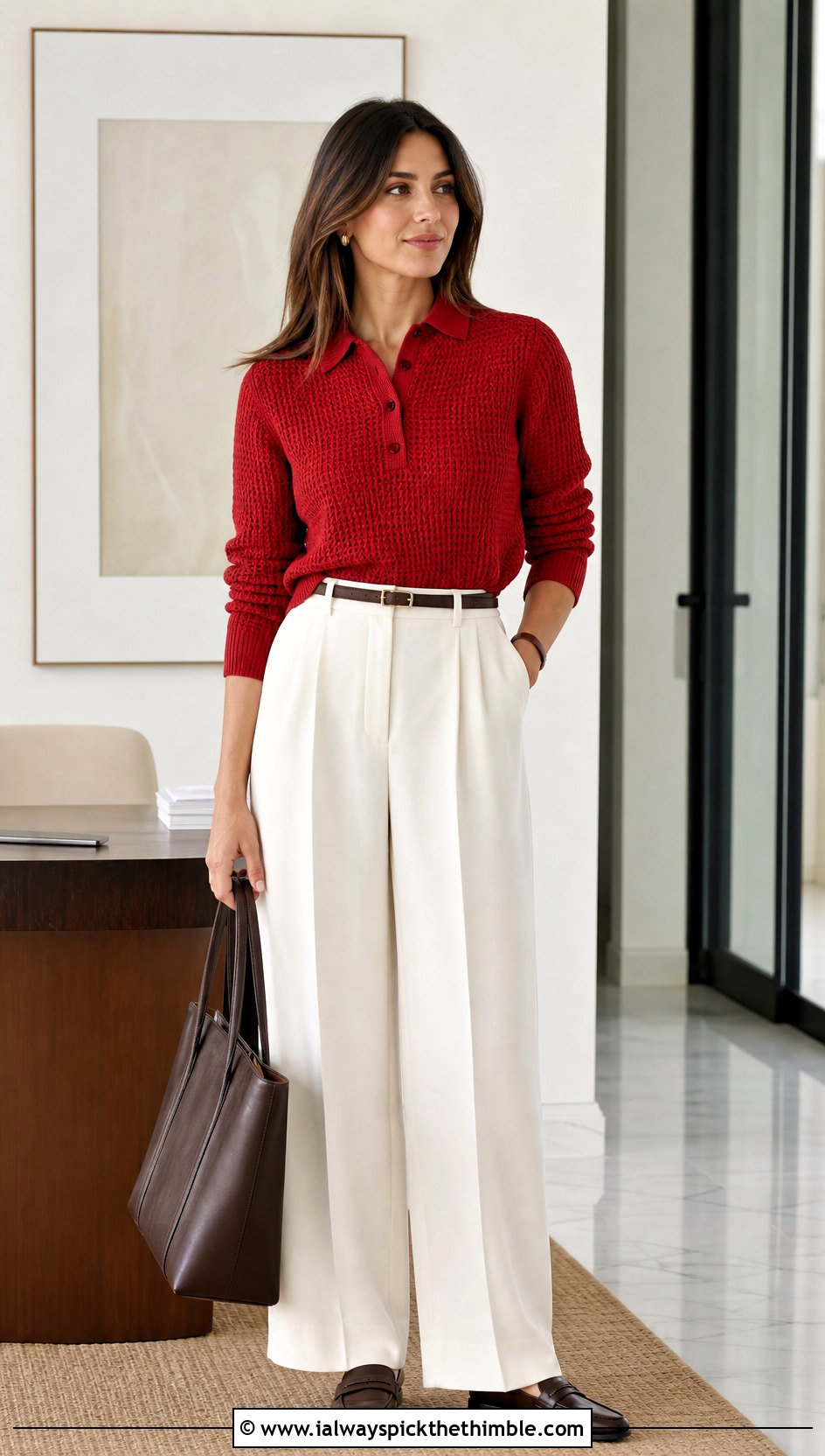 Crochet Polo Sweater With Wide Leg Trousers - 20 Crocheted Sweaters For Women outfit ideas
