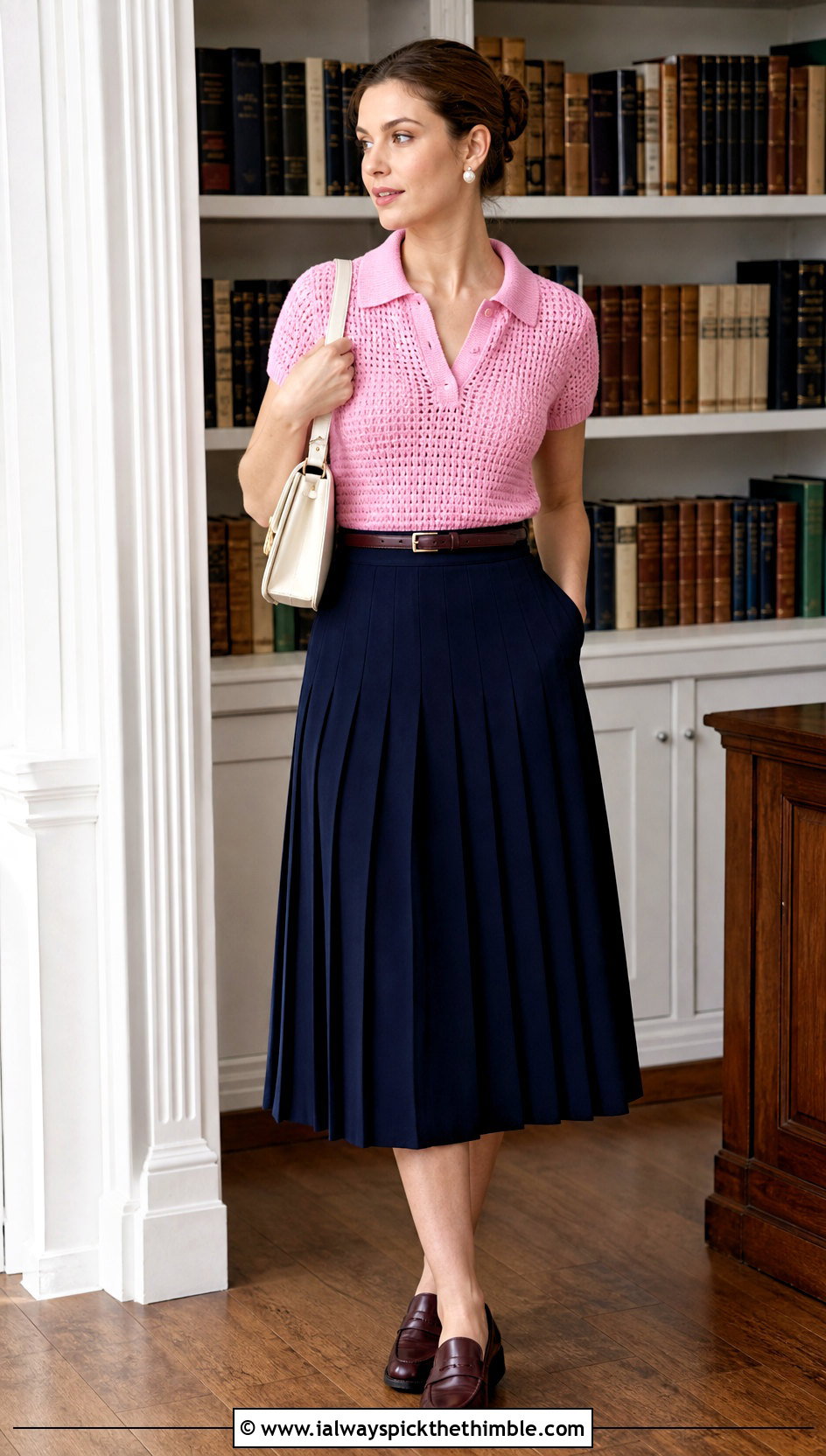 Crochet Polo Top With Pleated Midi Skirt - 15 crochet top on wooden floor outfit ideas