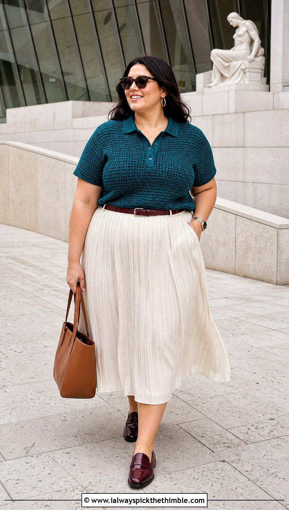Crochet Polo Top With Pleated Midi Skirt - 20 crochet top for plus size women outfit ideas