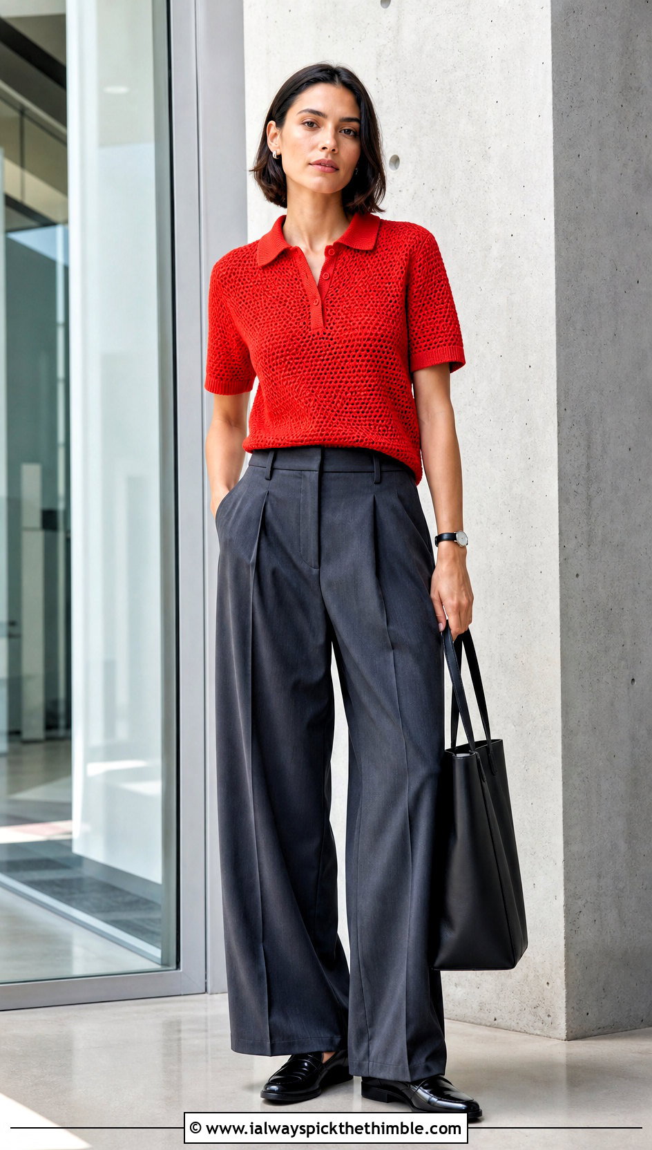 Crochet Polo Top With Pleated Trousers - 25 crochet top outfits ideas