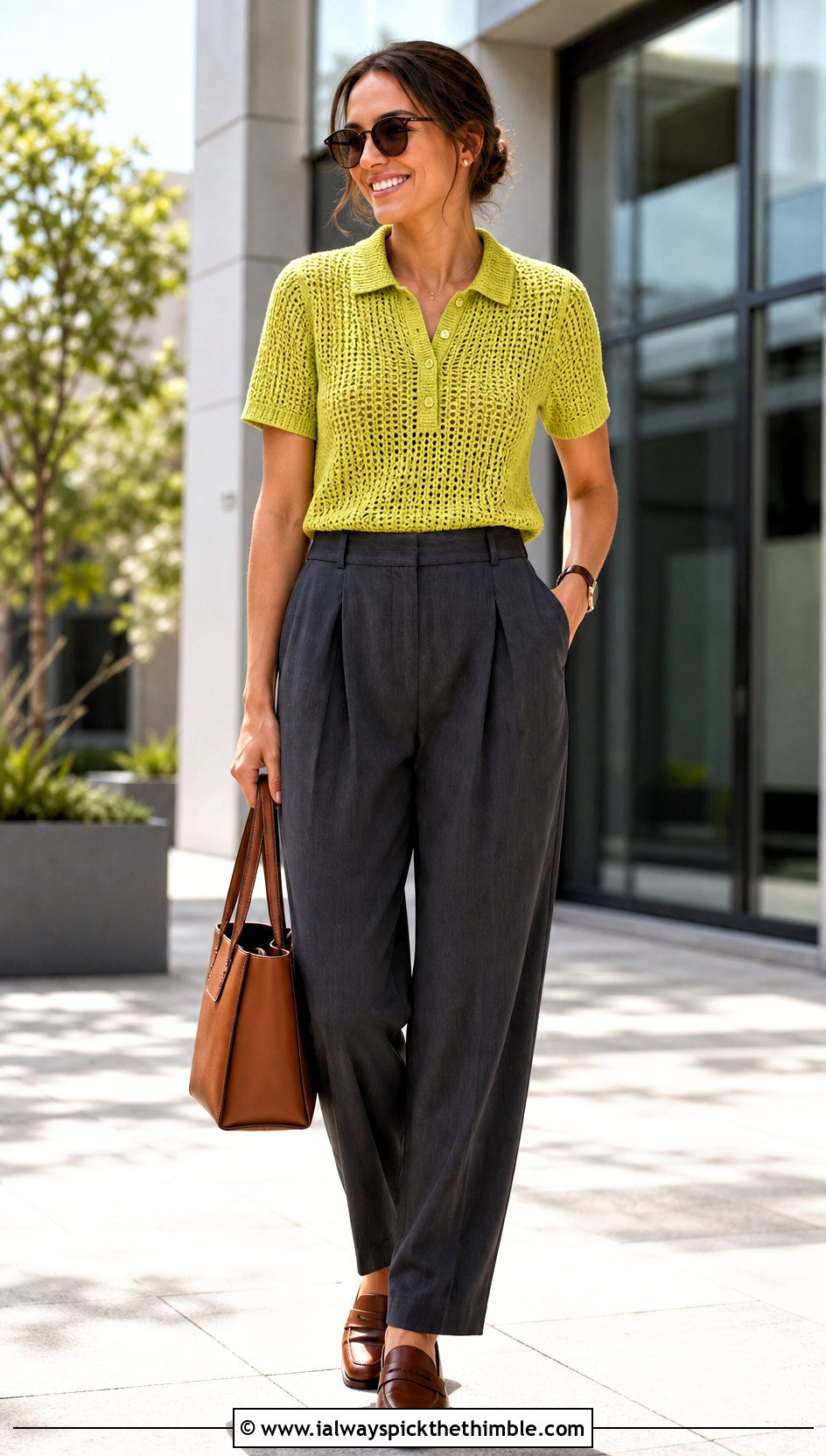 Crochet Polo Top With Pleated Trousers - 25 Crocheted Summer Tops outfit ideas