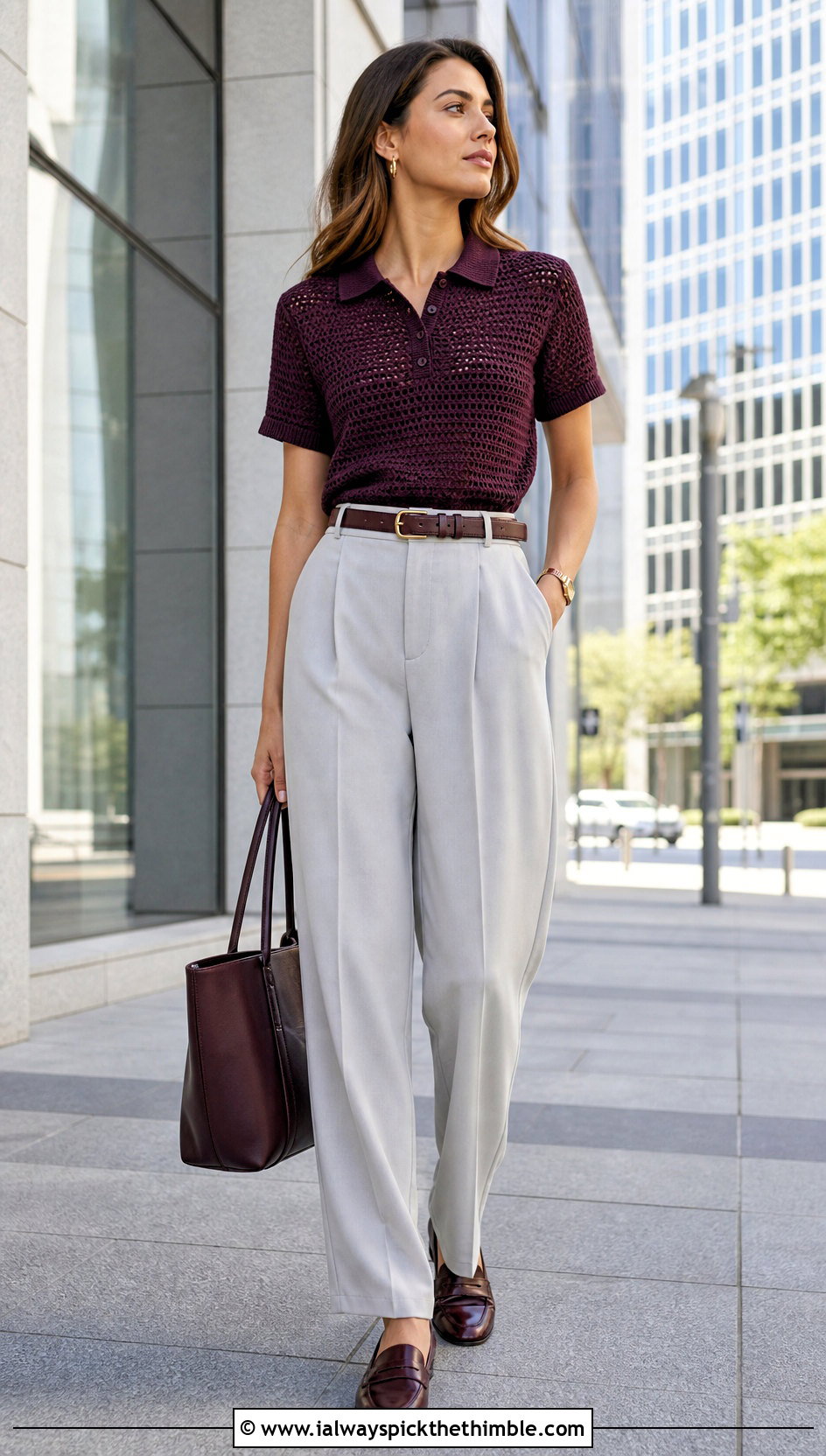 Crochet Polo Top With Pleated Trousers - 15 boho crochet summer top outfit ideas