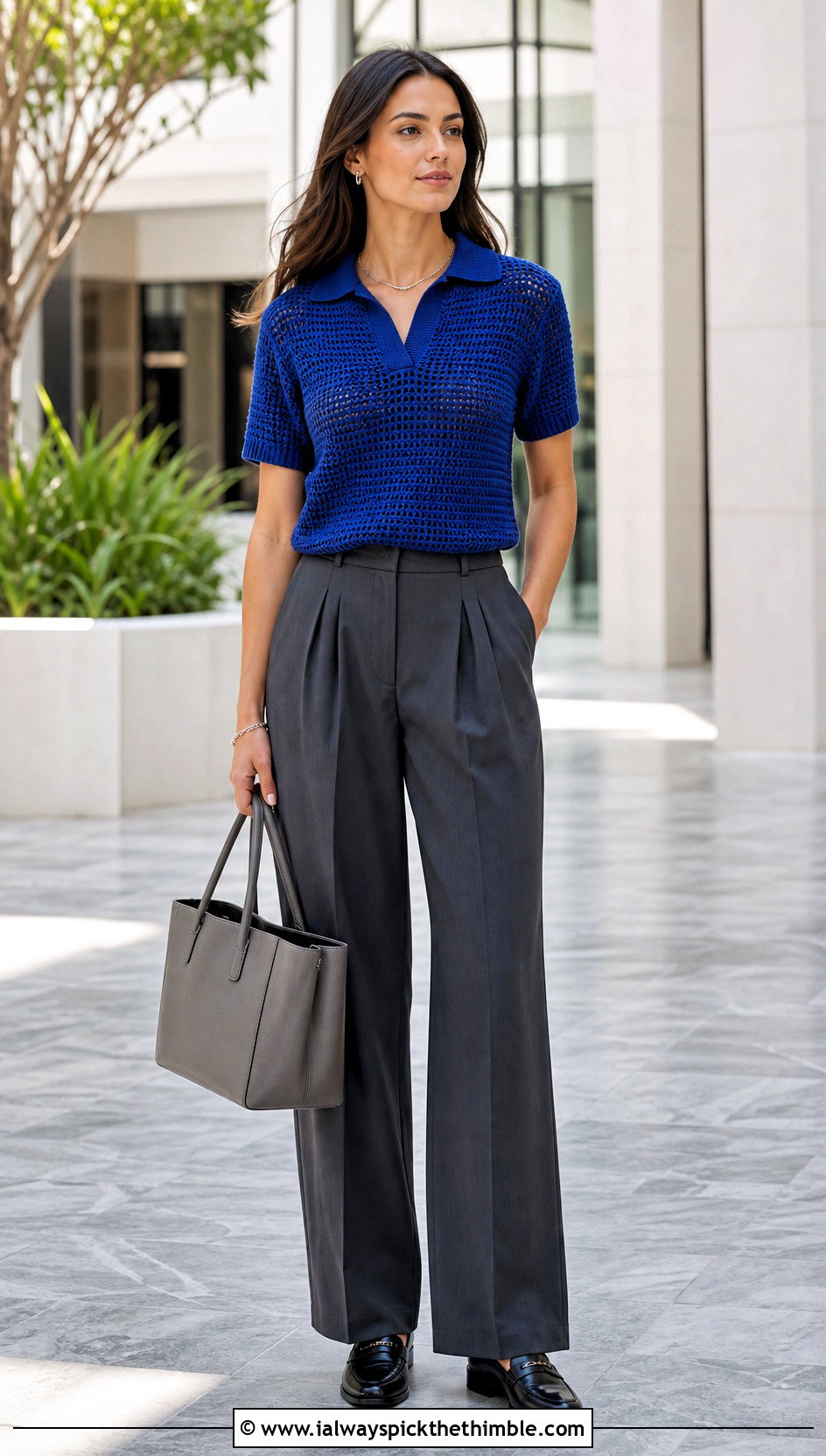 Crochet Polo Top With Pleated Work Pants - 25 styling crochet tops outfit ideas