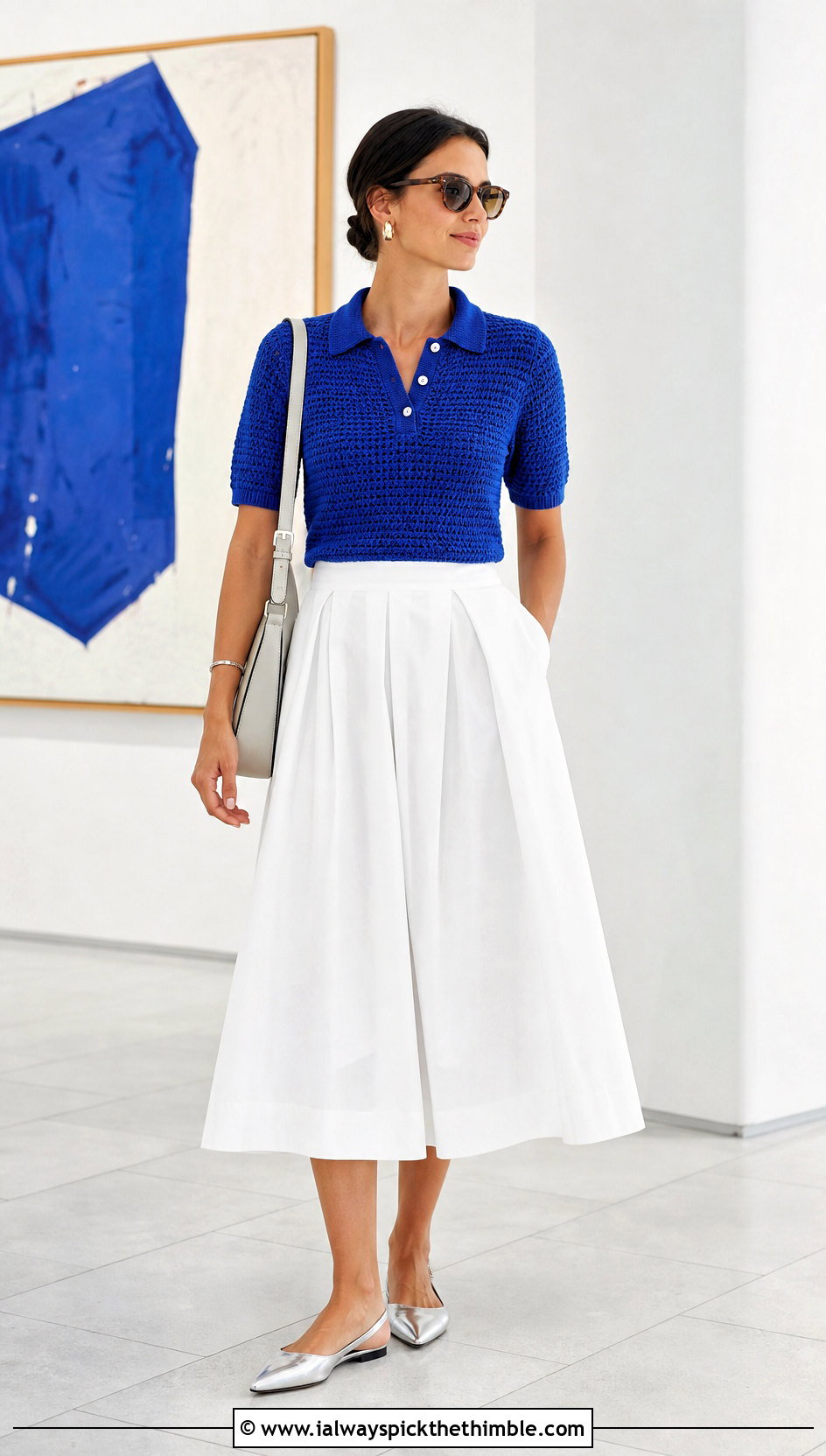 Crochet Polo Top With Poplin Midi Skirt - 25 Elegant Crochet Top outfit ideas