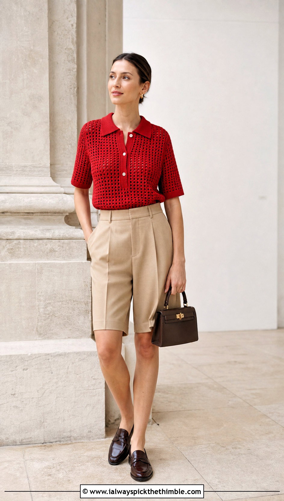 Crochet Polo Top With Tailored Bermuda Shorts - 25 hippie crochet top outfit ideas