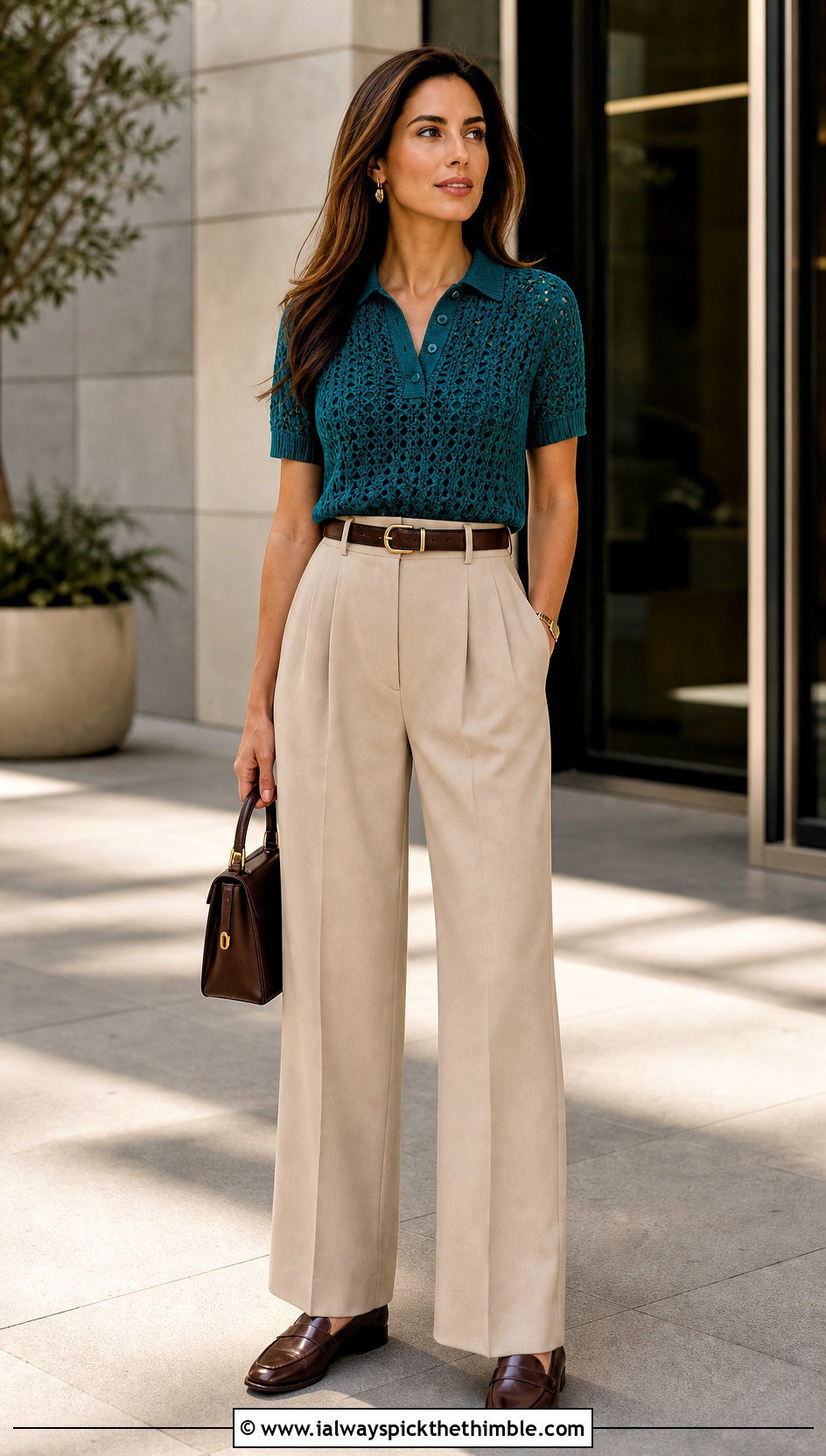 Crochet Polo Top With Tailored Trousers - 25 colorful crochet top outfit ideas