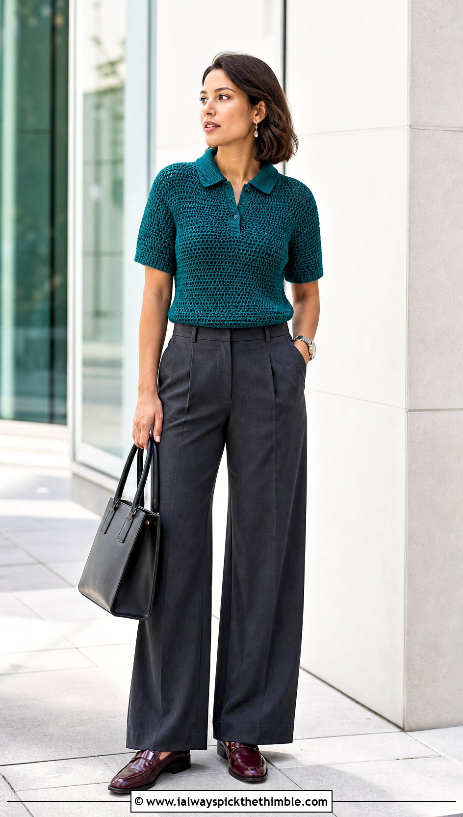 Crochet Polo Top With Tailored Trousers - 25 crochet ladies tops outfit ideas