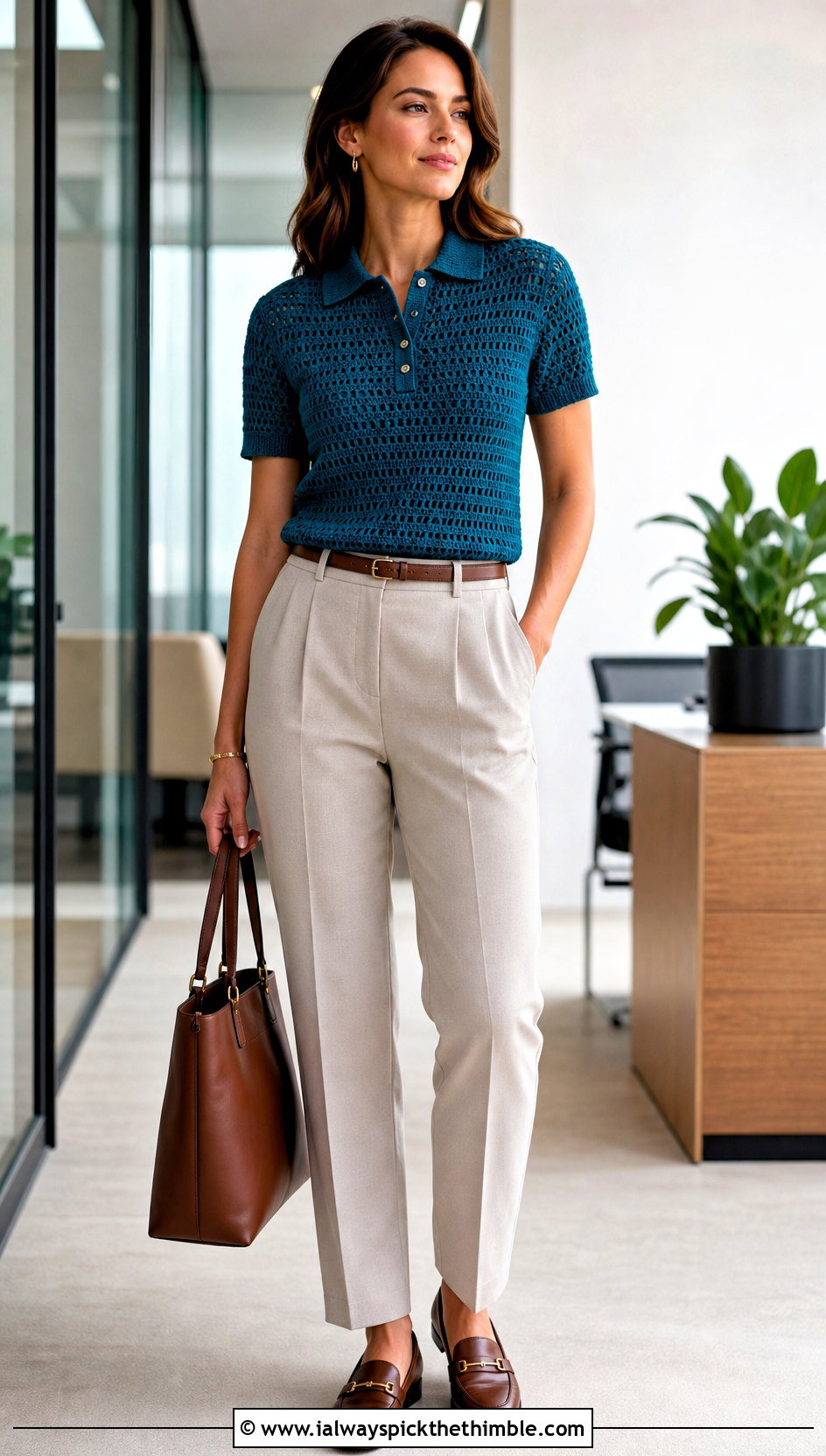 Crochet Polo Top With Tailored Trousers - 25 crocheted tops outfit ideas