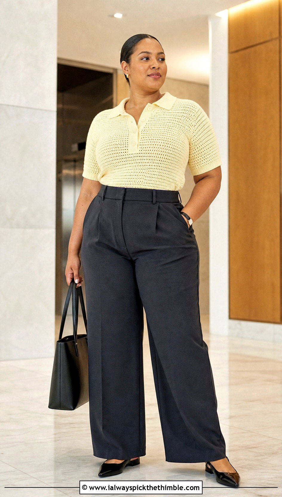 Crochet Polo Top With Tailored Trousers - 25 plus size crochet outfit ideas