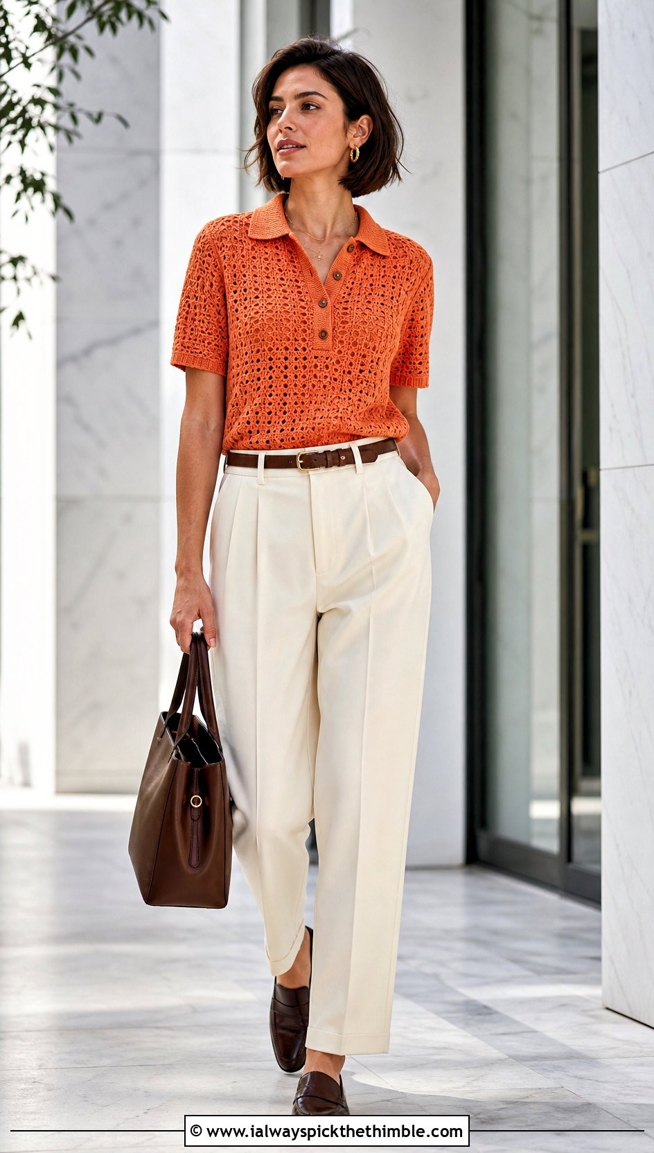 Crochet Polo Top With Tailored Trousers - 20 Crochet Top For Spring outfit ideas