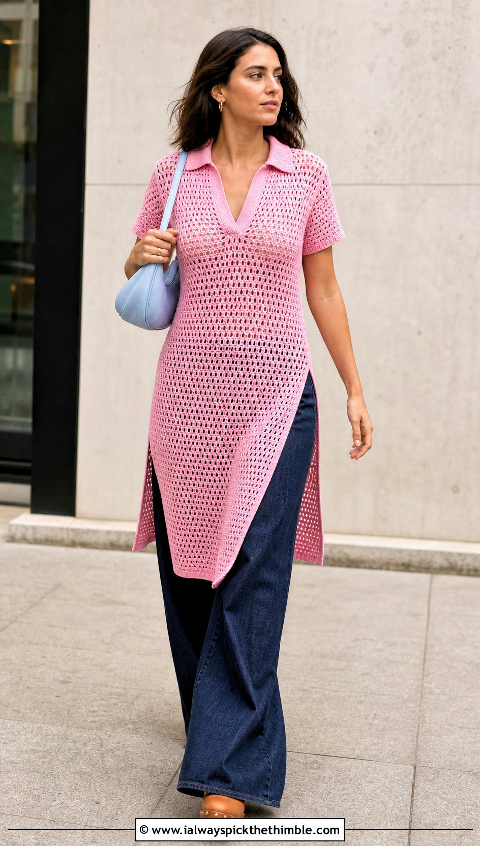 Crochet Polo Tunic Dress With Wide Leg Jeans - 20 Crochet Polo Dress outfit ideas