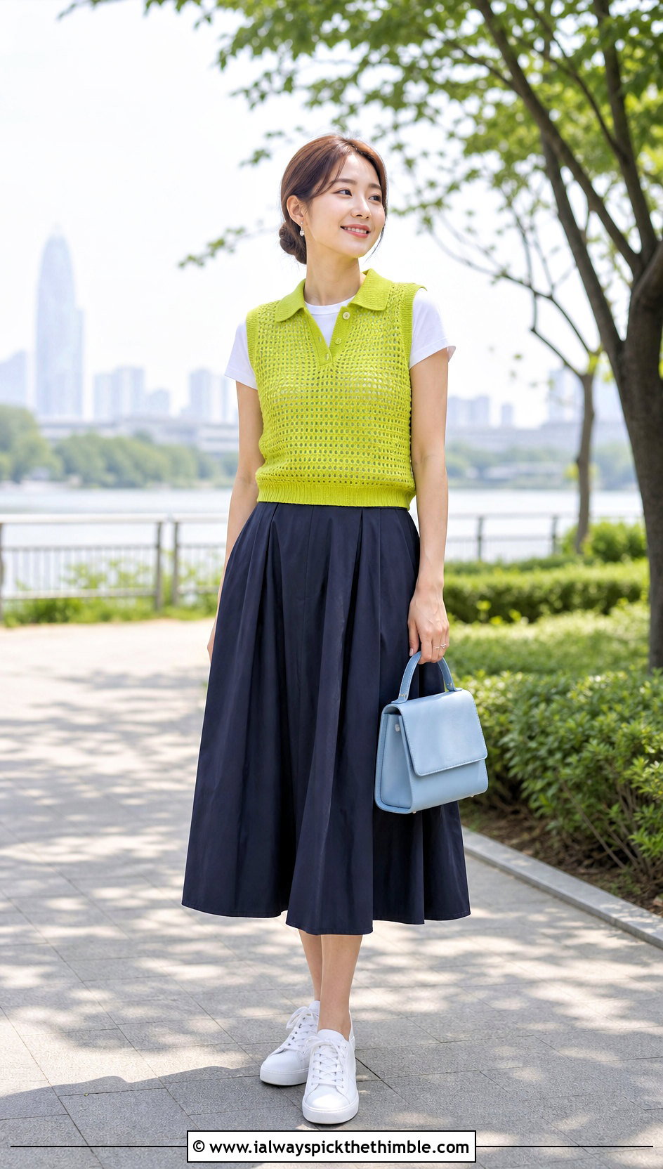 Crochet Polo Vest With Poplin Midi Skirt - 20 korean crochet outfits ideas