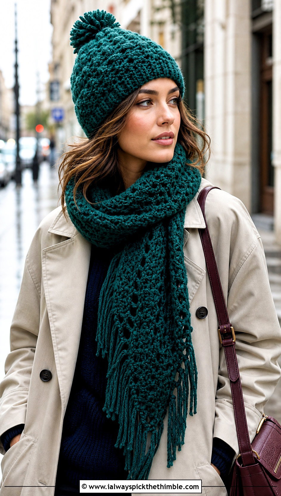 Crochet Pom Pom Beanie And Fringed Scarf With Trench Coat - 20 crochet hat and scarf outfit ideas