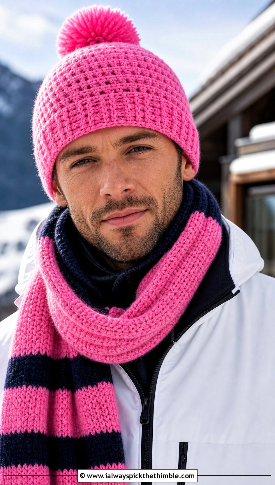 Crochet Pom Pom Beanie And Striped Scarf With Ski Jacket - 20 Crochet Mens Hat And Scarf outfit ideas
