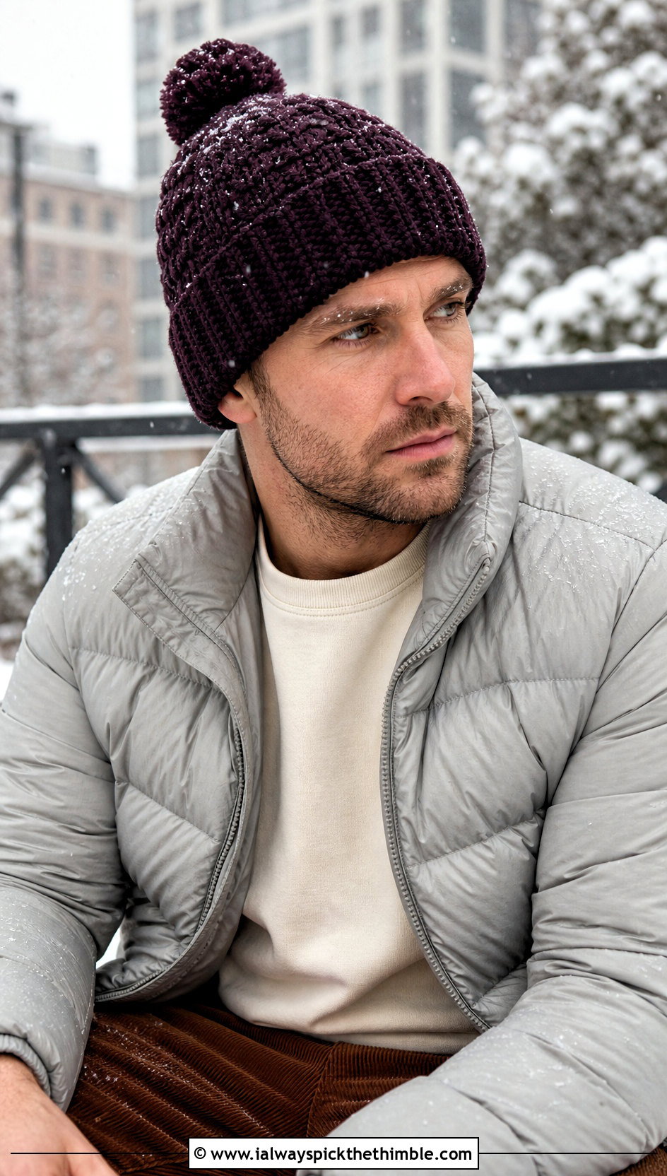 Crochet Pom Pom Beanie With Puffer Jacket And Corduroy Pants - 20 men's crochet hats outfit ideas