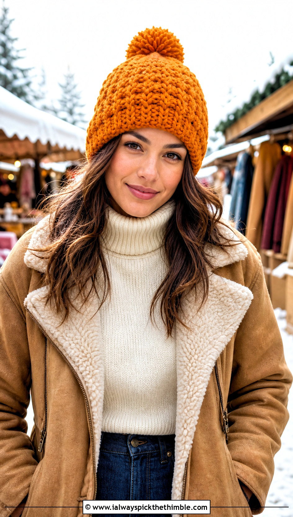 Crochet Pom Pom Beanie With Shearling Jacket And Straight Jeans - 20 winter crochet hat for women outfit ideas