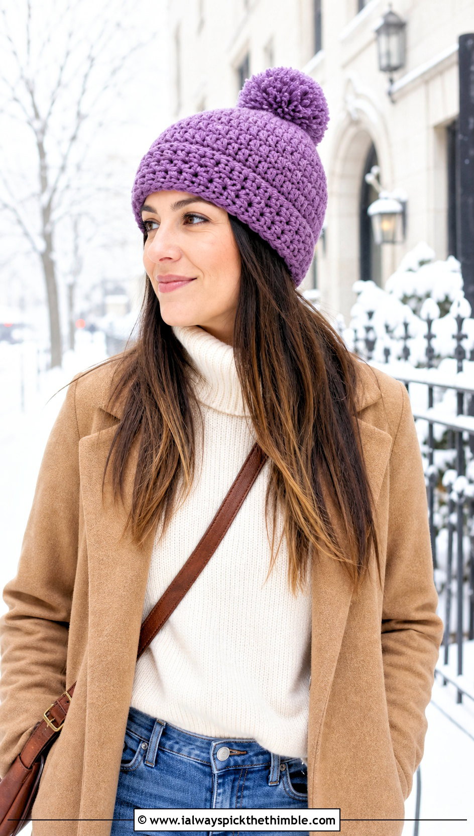 Crochet Pom Pom Beanie With Wool Coat and Jeans - 20 fast crochet hat outfit ideas