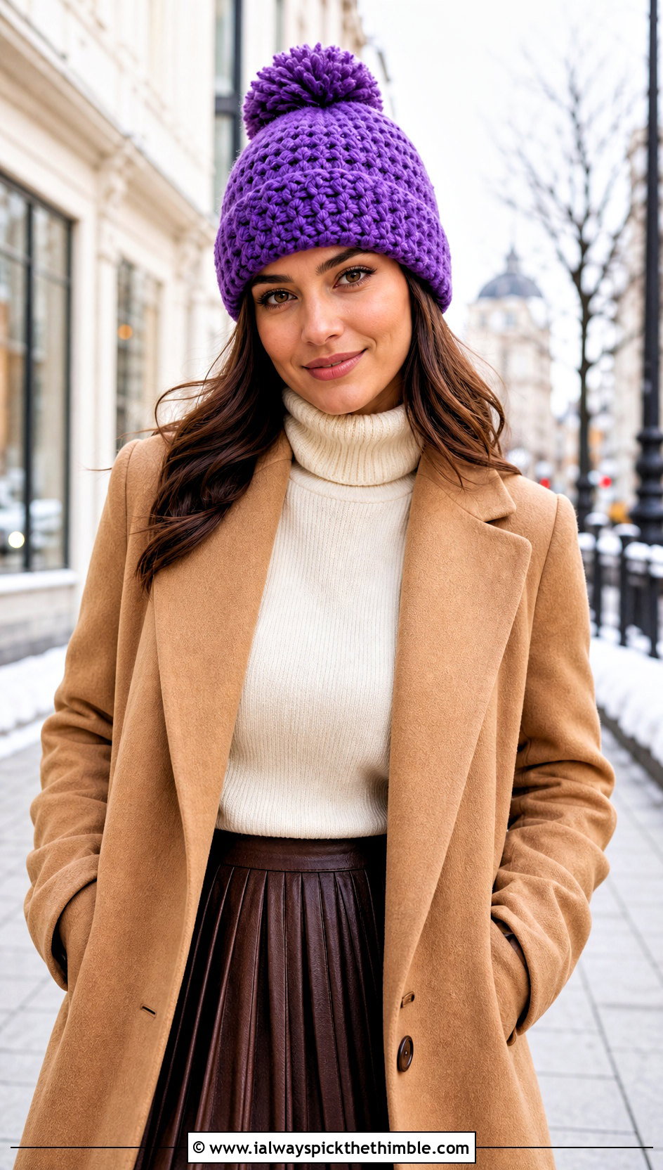Crochet Pom Pom Beanie With Wool Coat and Midi Skirt - 25 crochet adult hats outfit ideas