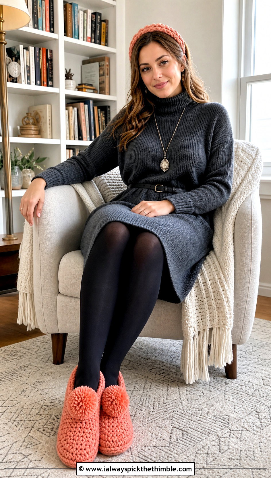 Crochet Pom Pom House Shoes With A Sweater Dress - 20 crochet house shoes outfit ideas