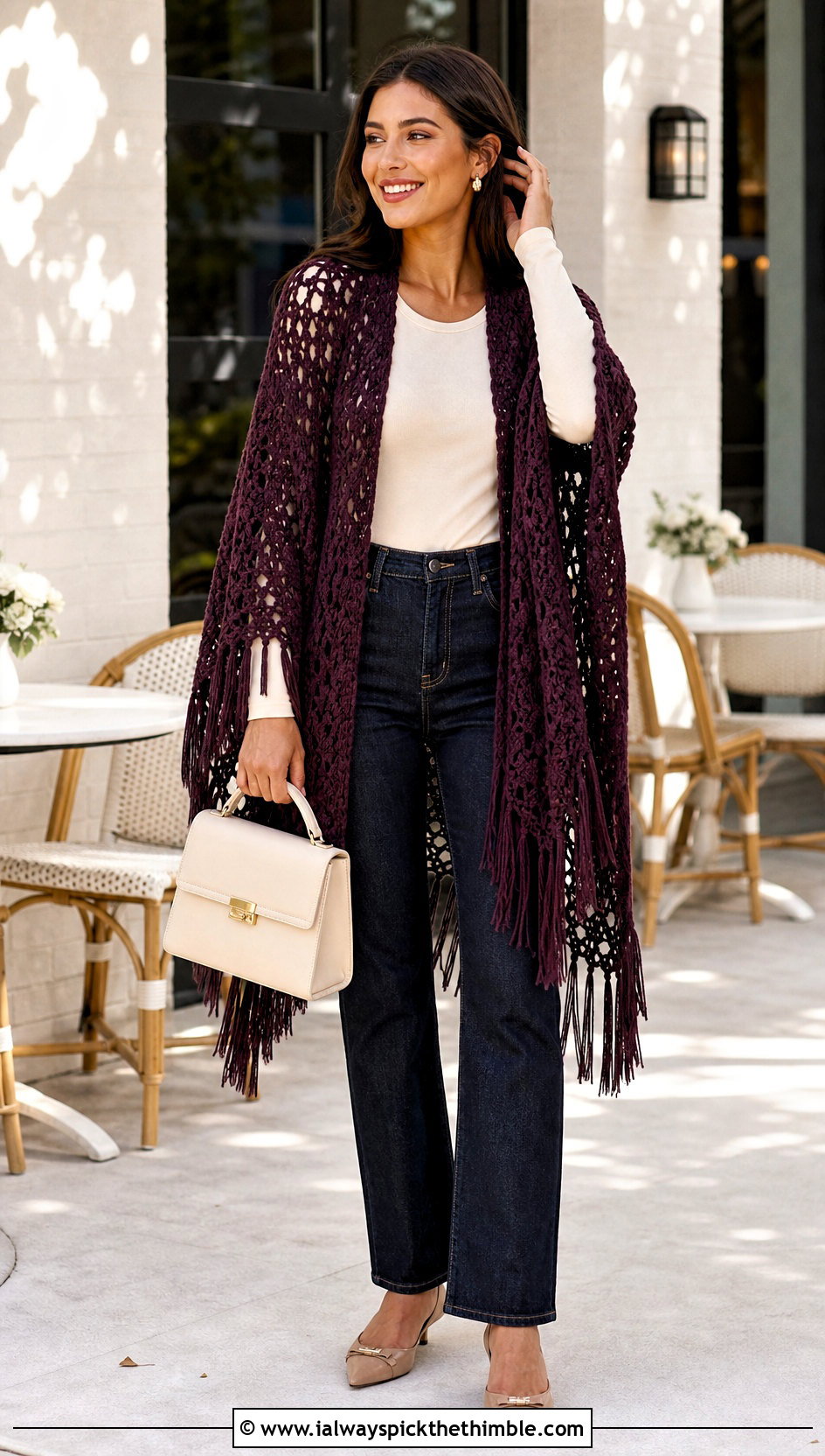Crochet Poncho Cover Up With Straight Leg Jeans - 25 crochet cover up outfit ideas