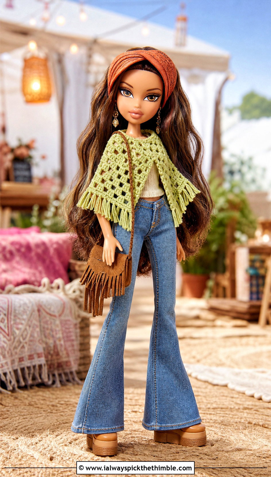 Crochet Poncho Doll Outfit With Flared Jeans - 20 Crochet Small Doll Clothes and outfit ideas