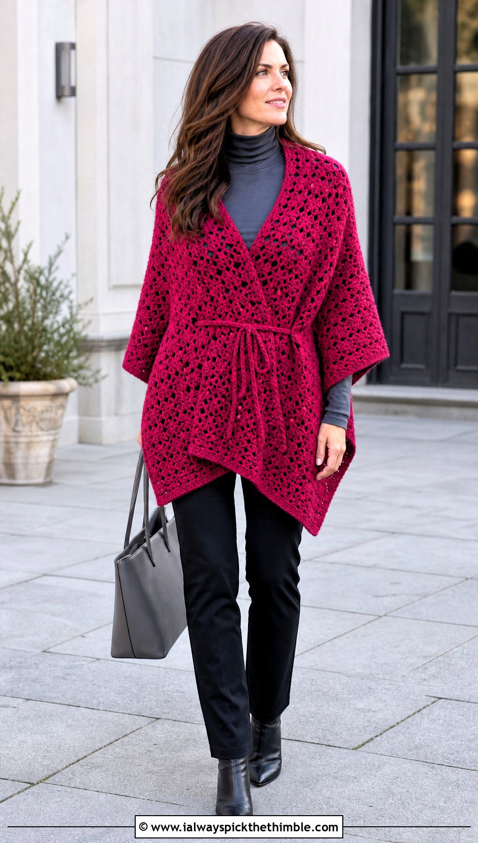 Crochet Poncho Sweater Wrap With Slim Trousers - 20 crochet sweater wrap outfit ideas