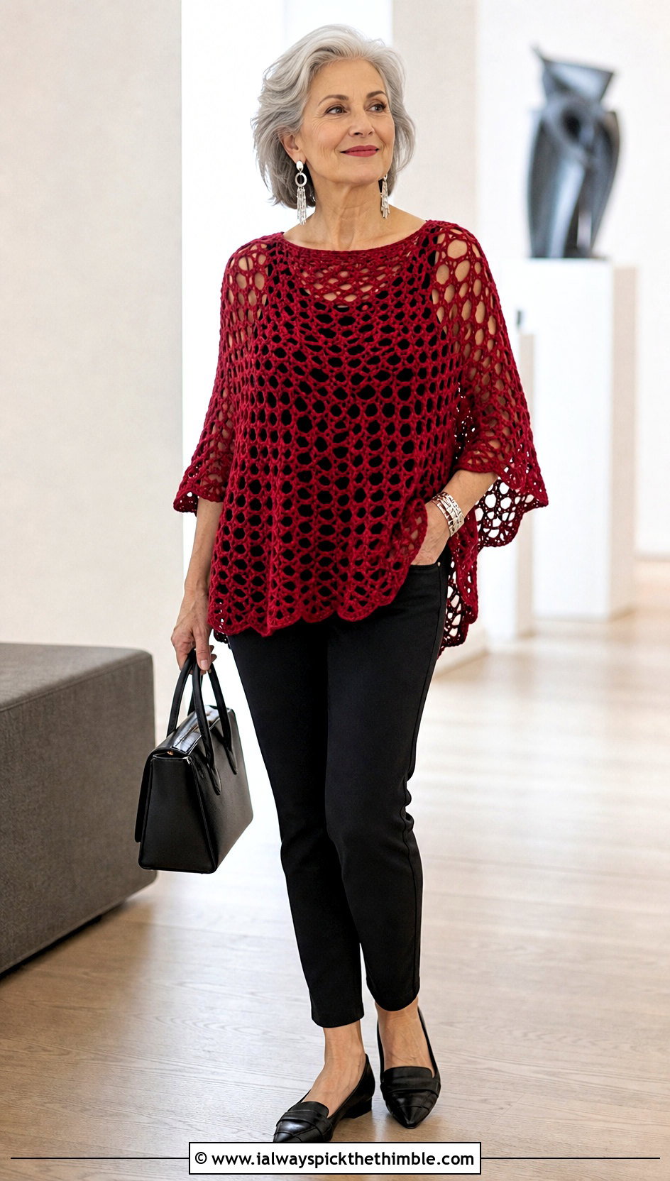 Crochet Poncho Top With Slim Ankle Pants - 20 Flowy Crochet Top outfit ideas