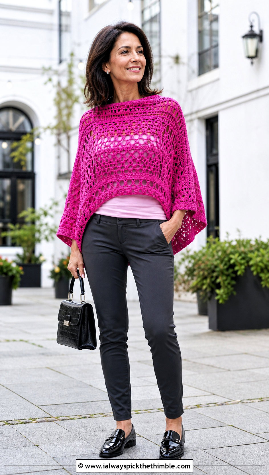 Crochet Poncho Top With Slim Pants And Loafers - 25 beginner crochet clothes and outfit ideas