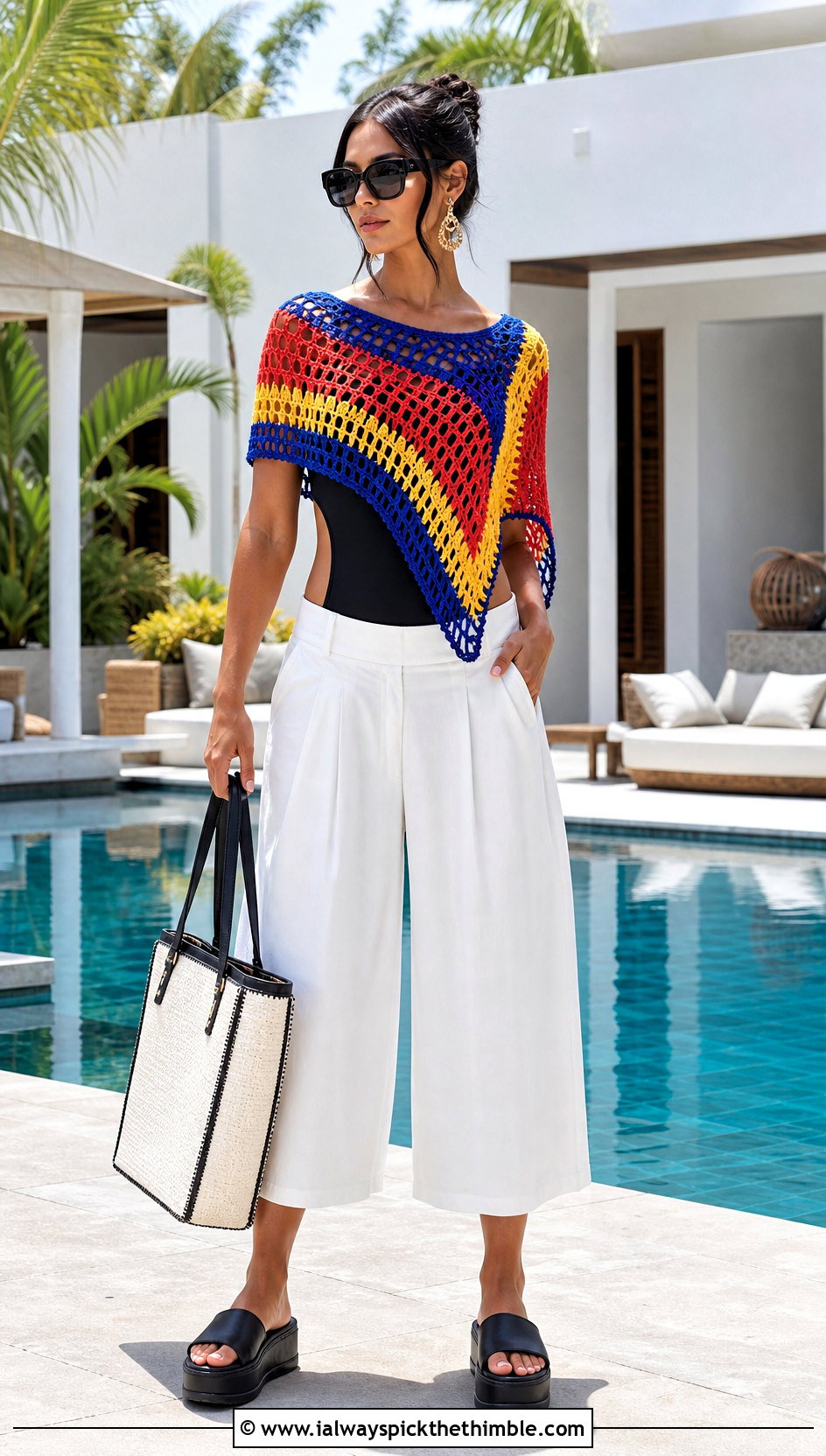 Crochet Poncho Top With Swimsuit And Culottes - 25 crochet top beach outfit ideas