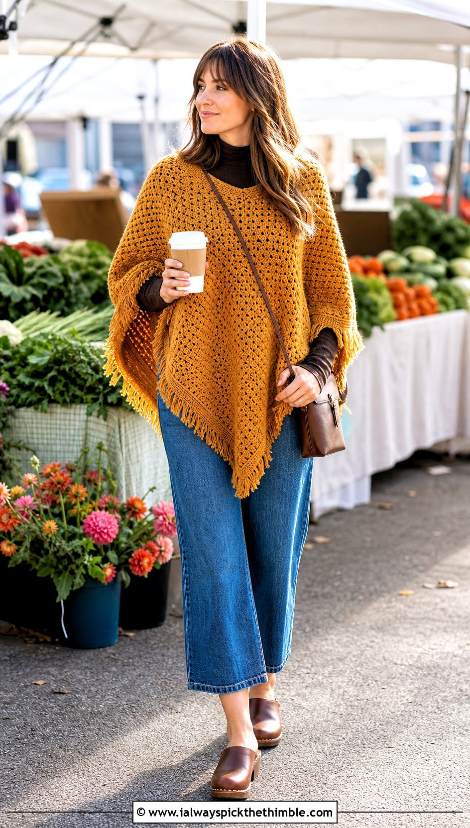 Crochet Poncho With Barrel Jeans And Clogs - 20 Fall Crochet Outfit Ideas
