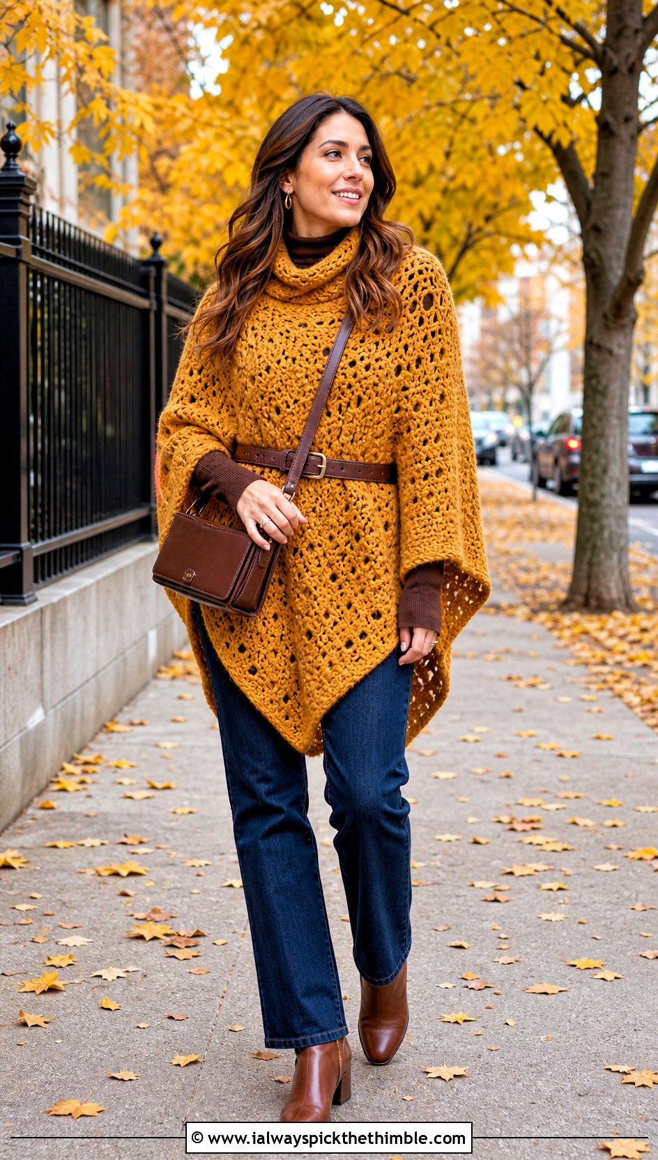 Crochet Poncho With Belted Jeans - 25 crochet outfits ideas