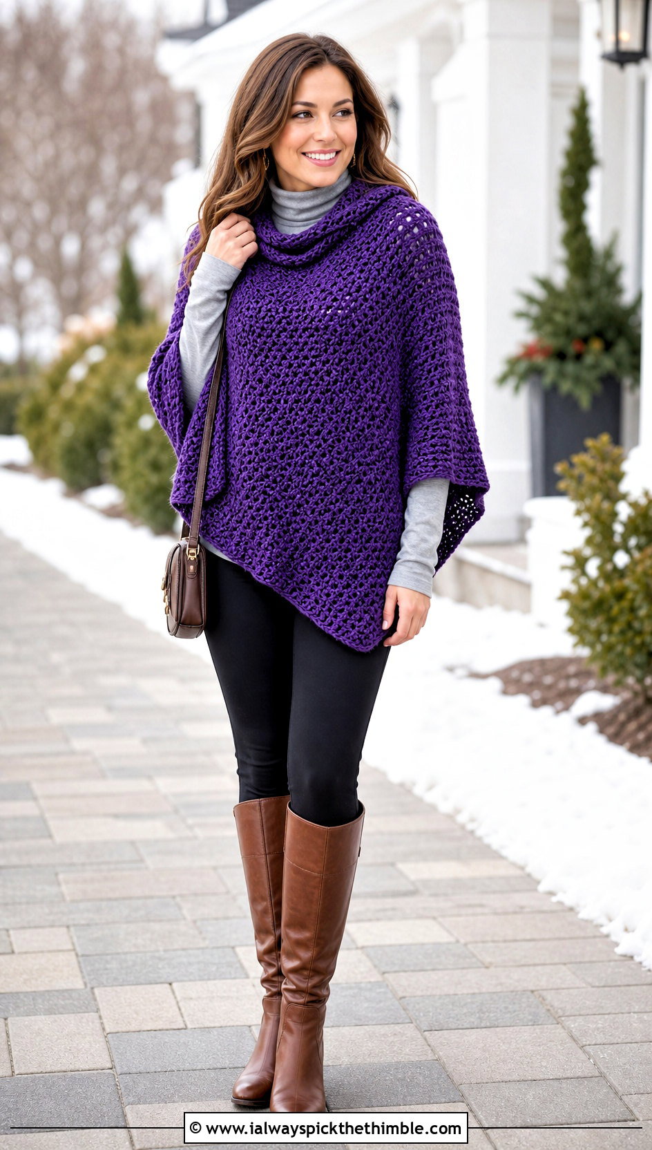 Crochet Poncho With Leggings And Riding Boots - 20 winter crochet outfit ideas