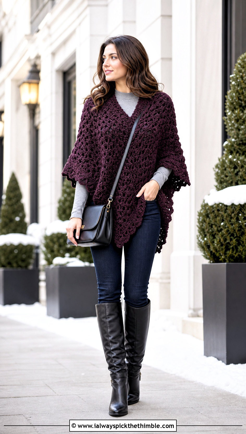 Crochet Poncho With Skinny Jeans And Knee High Boots - 20 Easy Clothes To Crochet For Beginners outfit ideas