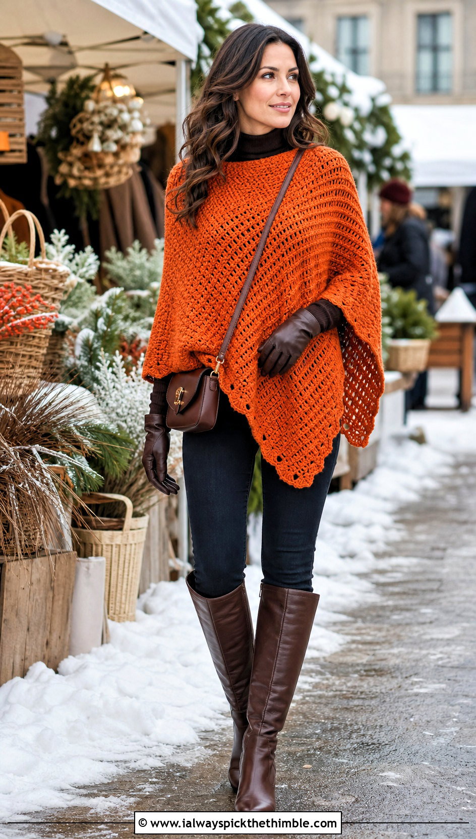 Crochet Poncho With Slim Jeans And Riding Boots - 25 Crochet Winter Outfits ideas