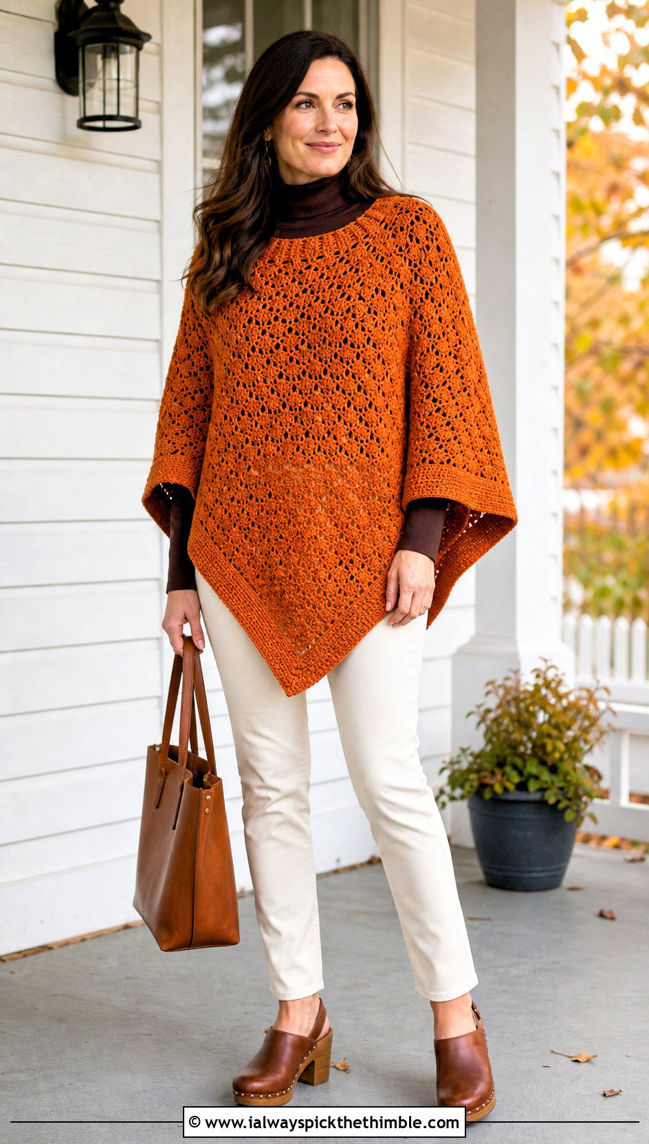 Crochet Poncho With Slim Trousers And Clogs - 25 autumn crochet clothes and outfit ideas