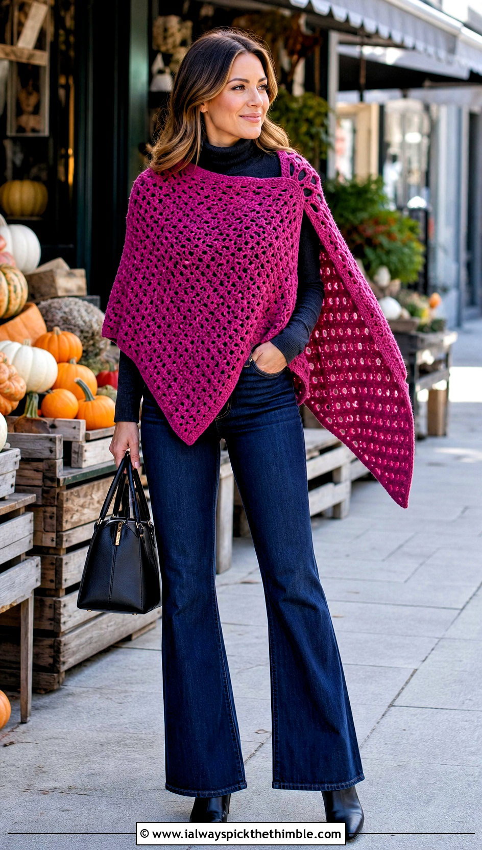 Crochet Poncho With Turtleneck And Flared Jeans - 25 crochet garments outfit ideas