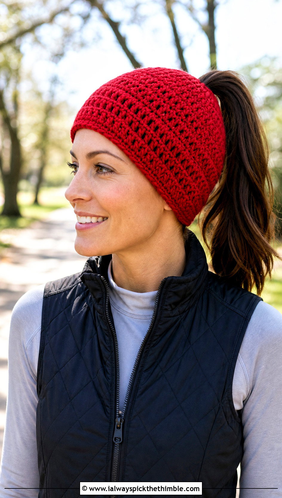 Crochet Ponytail Beanie With Quilted Vest And Leggings - 20 Easy Crochet Hats For Beginners outfit ideas