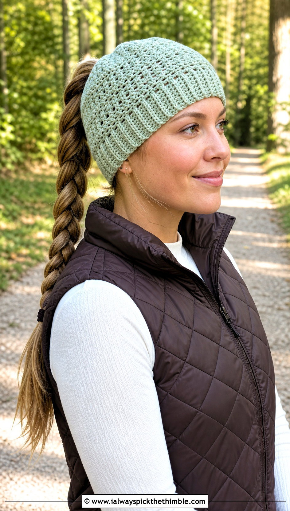 Crochet Ponytail Hat With Quilted Vest - 15 Easy Crochet Hats For Women outfit ideas