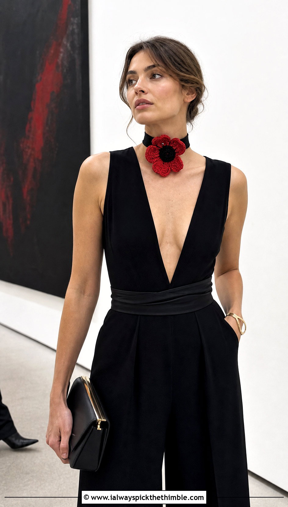 Crochet Poppy Choker With Black Jumpsuit - 20 Crochet Flower Outfit ideas