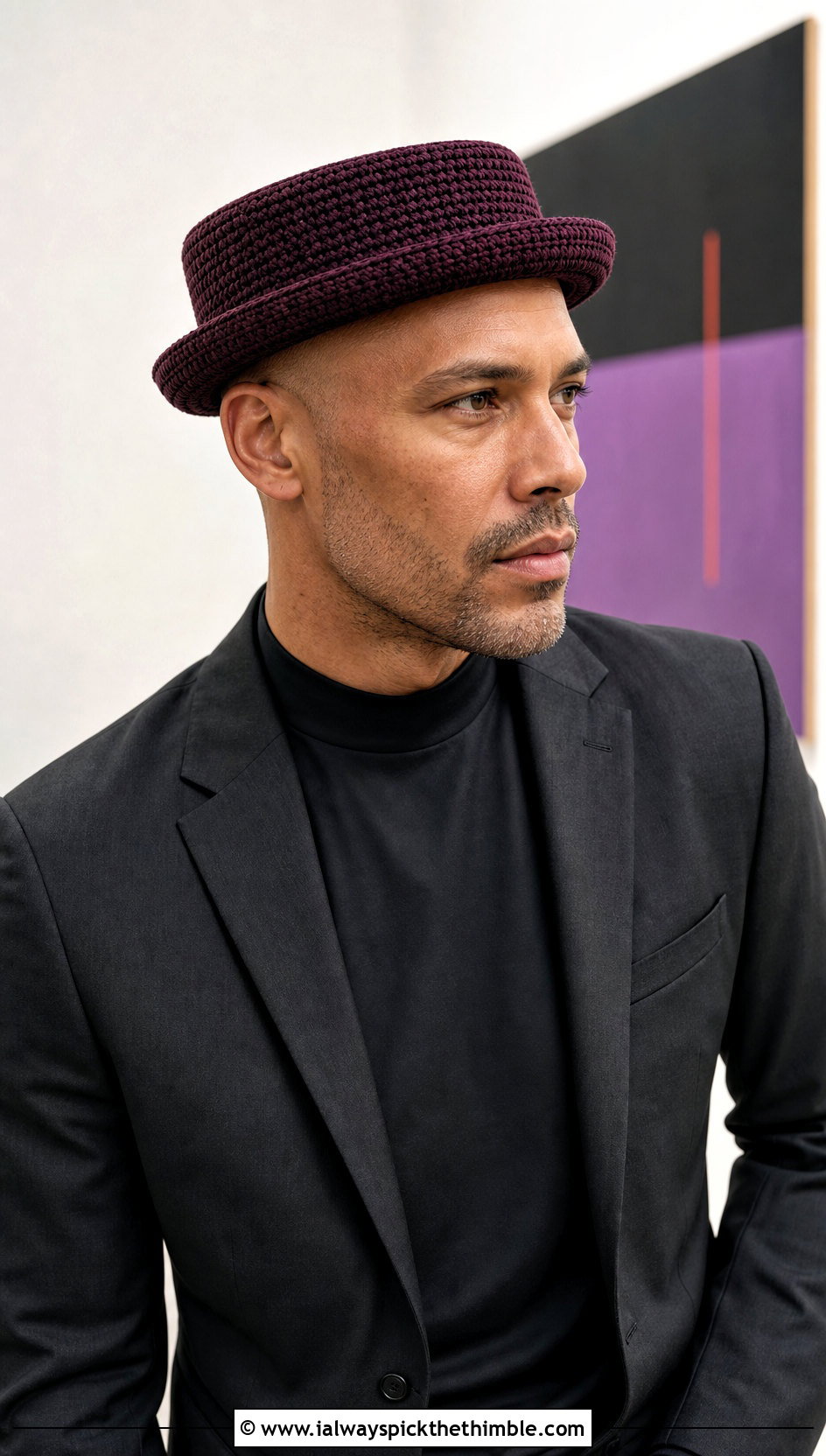 Crochet Pork Pie Hat With Monochrome Suit - 25 crochet hats for men outfit ideas