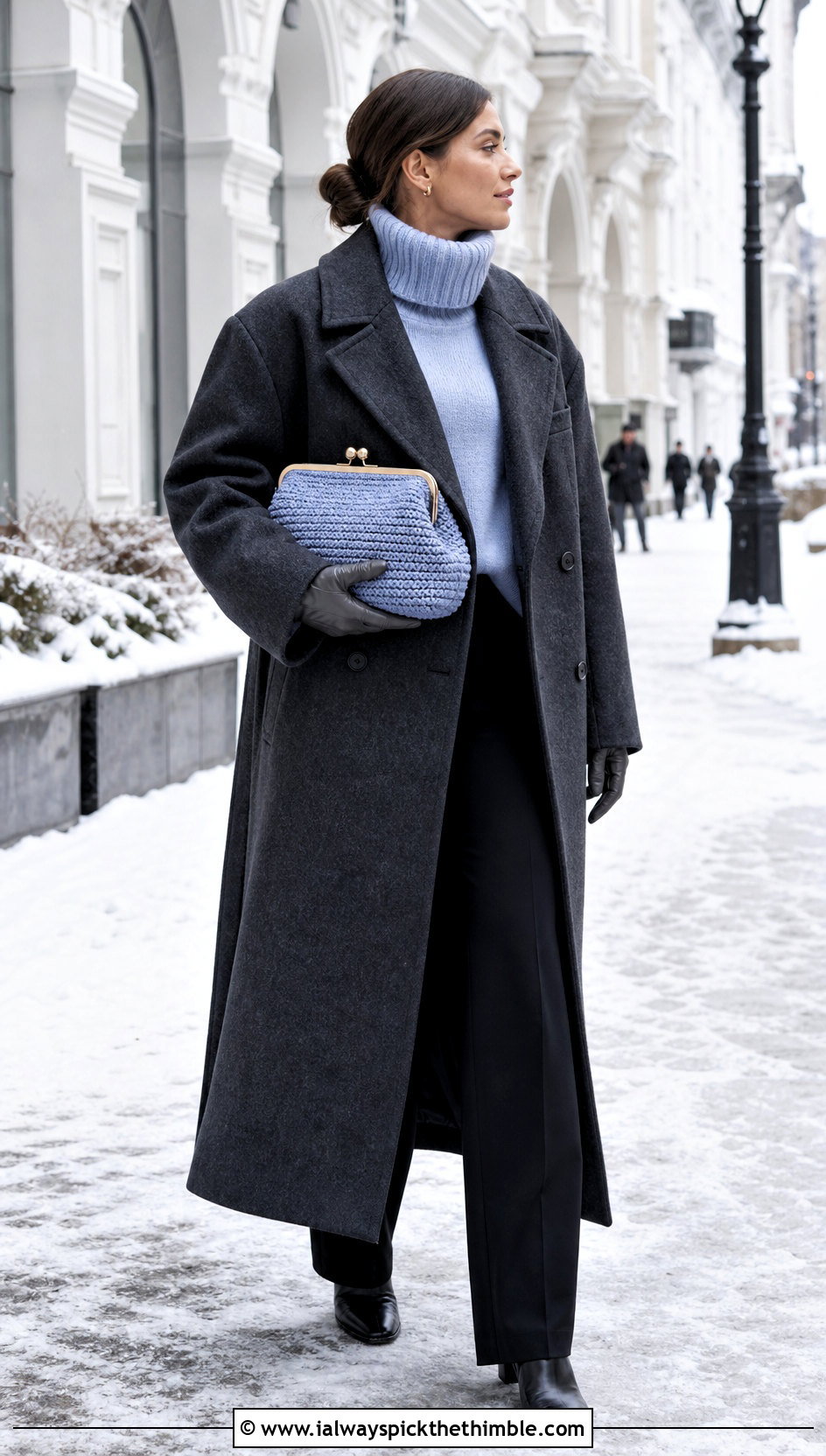 Crochet Pouch Bag With Oversized Coat - 25 crochet bag outfit ideas
