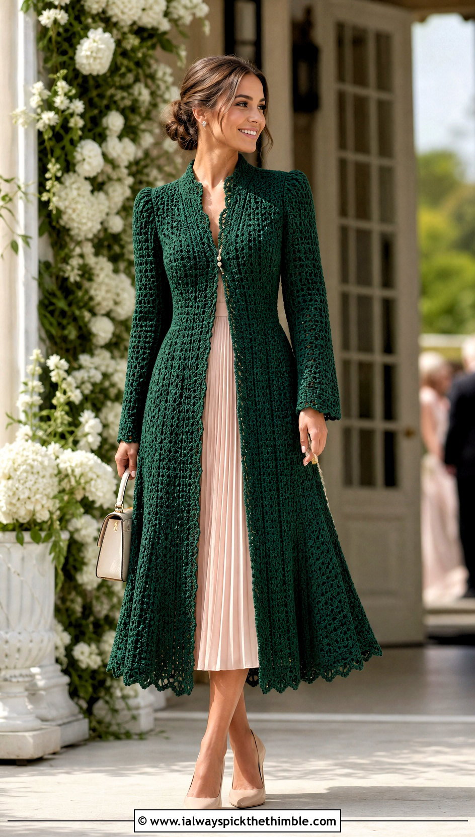 Crochet Princess Coat With Pleated Dress - 25 crochet coats outfit ideas